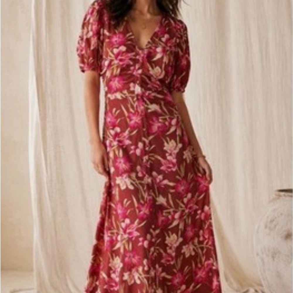 Faherty Burgundy Floral V-Neck Maxi Dress with Pink Blooms